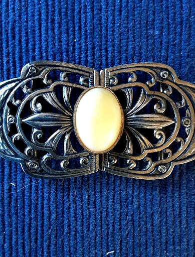 Vintage Art Deco 2 Piece Belt Buckle Germany Brass Filigree Cream Cabochon