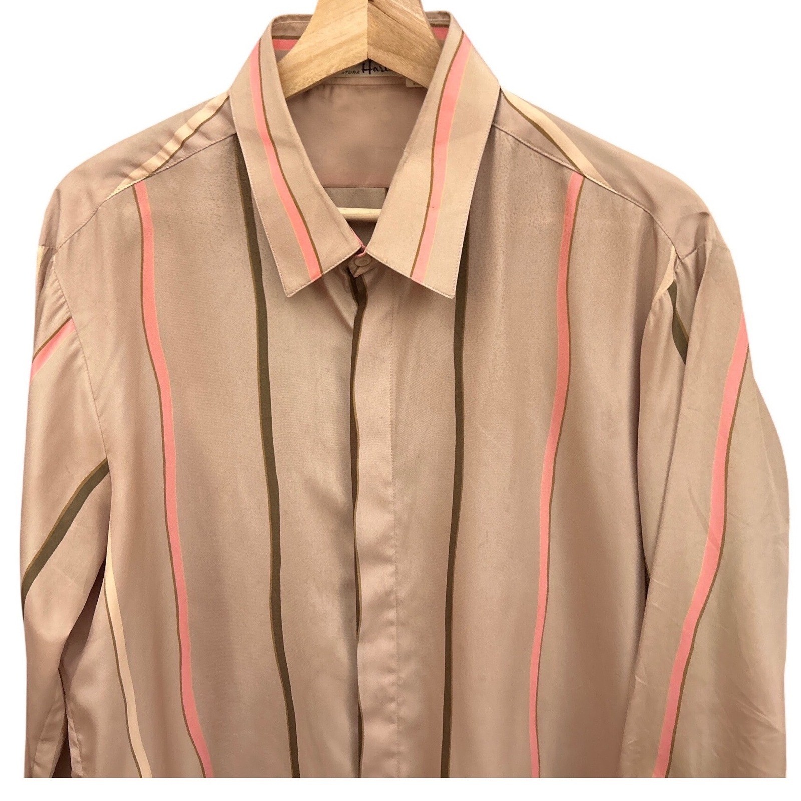 Vintage Eddy Harth Button Up Shirt Tan Pink Olive Stripe Retro Disco 70s Style