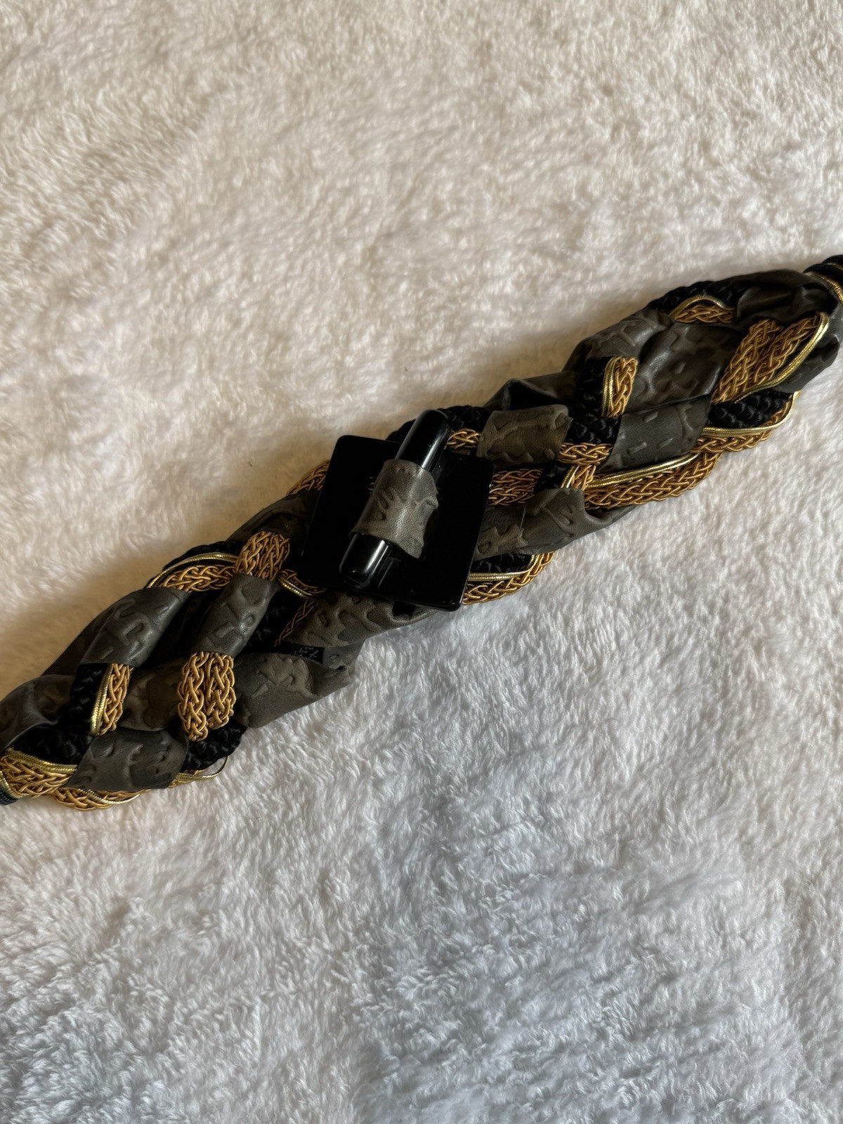 Vintage 80s Stretch Knot Braided Belt Leather Accents, Hook Closure Grey&Gold SM