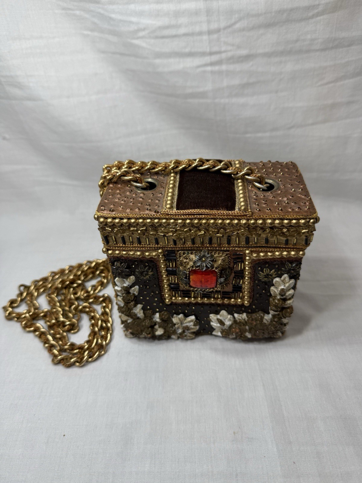 Mary Frances Victorian Style Vintage 1990s Embellished And Beaded Gold Mache Bag