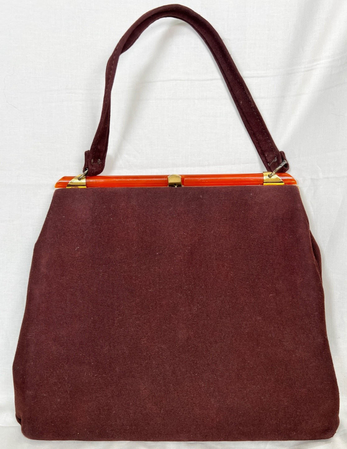 Vintage Purse Bakelite Amber top Brown Faux Suede Snap Closure Rockabilly