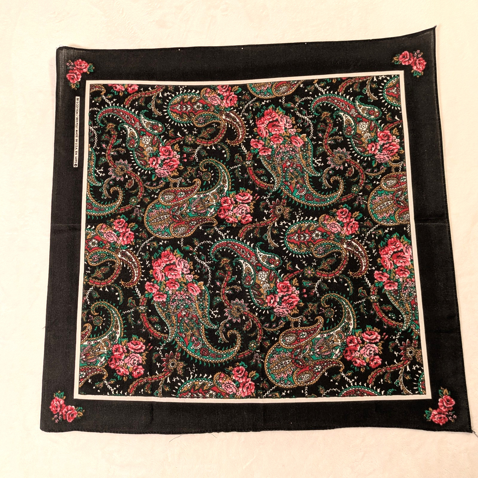 Vtg 22×22 Black Pink Paisley Bandana Cotton/Poly RN 14193 Cottagecore Boho