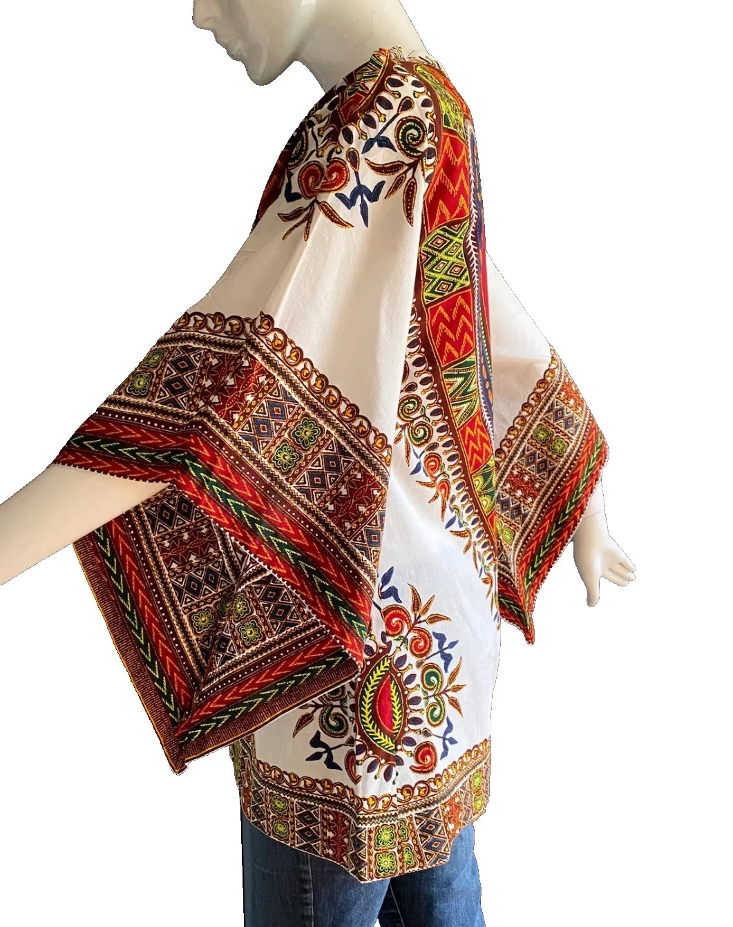 Vintage 70s Dashiki Tunic Bell Sleeve Boho Hippie Blouse Kaftan Poncho Top OS