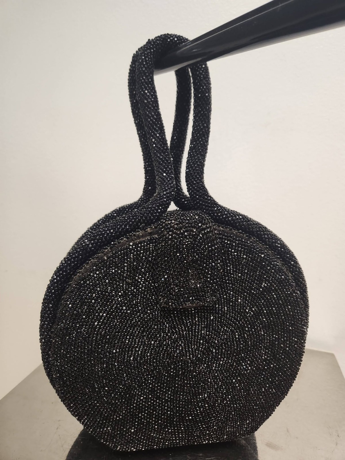 VINTAGE 1930-1940 FUCLO PROV RI ROUND BOX BLACK BEADED HANDBAG