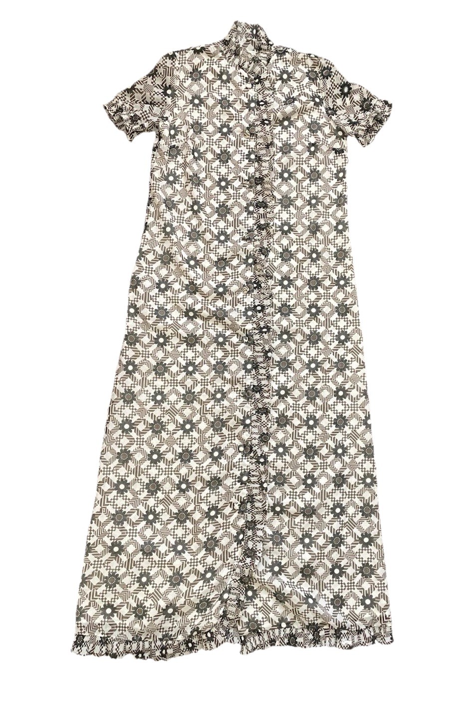 Vintage 70’s Lori Till Button Up Ruffle Maxi Dress With Pockets Brown Daisy