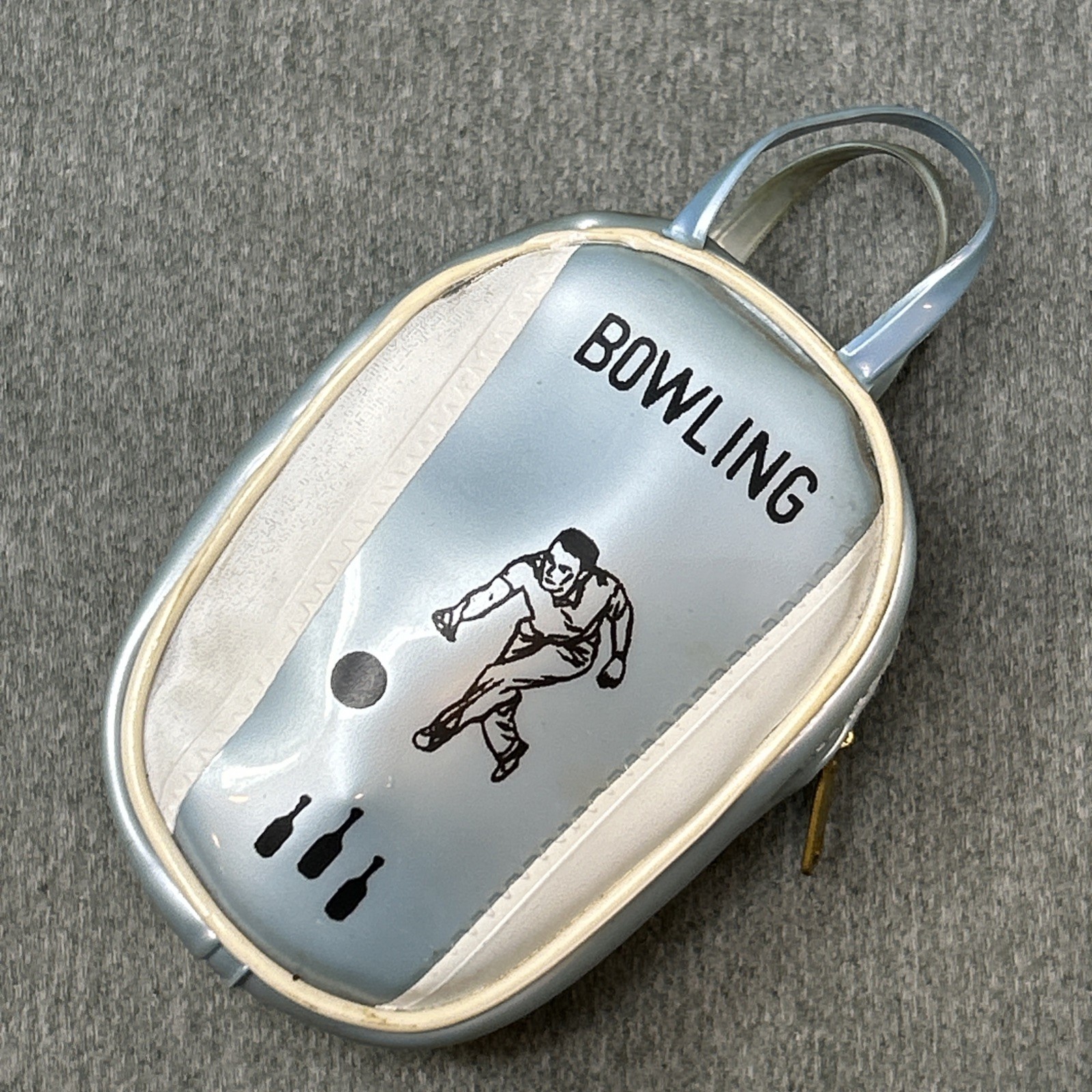 Vintage Bowling Bag Coin Purse Mini Silver Vinyl Bowler Keychain Pouch HONG KONG