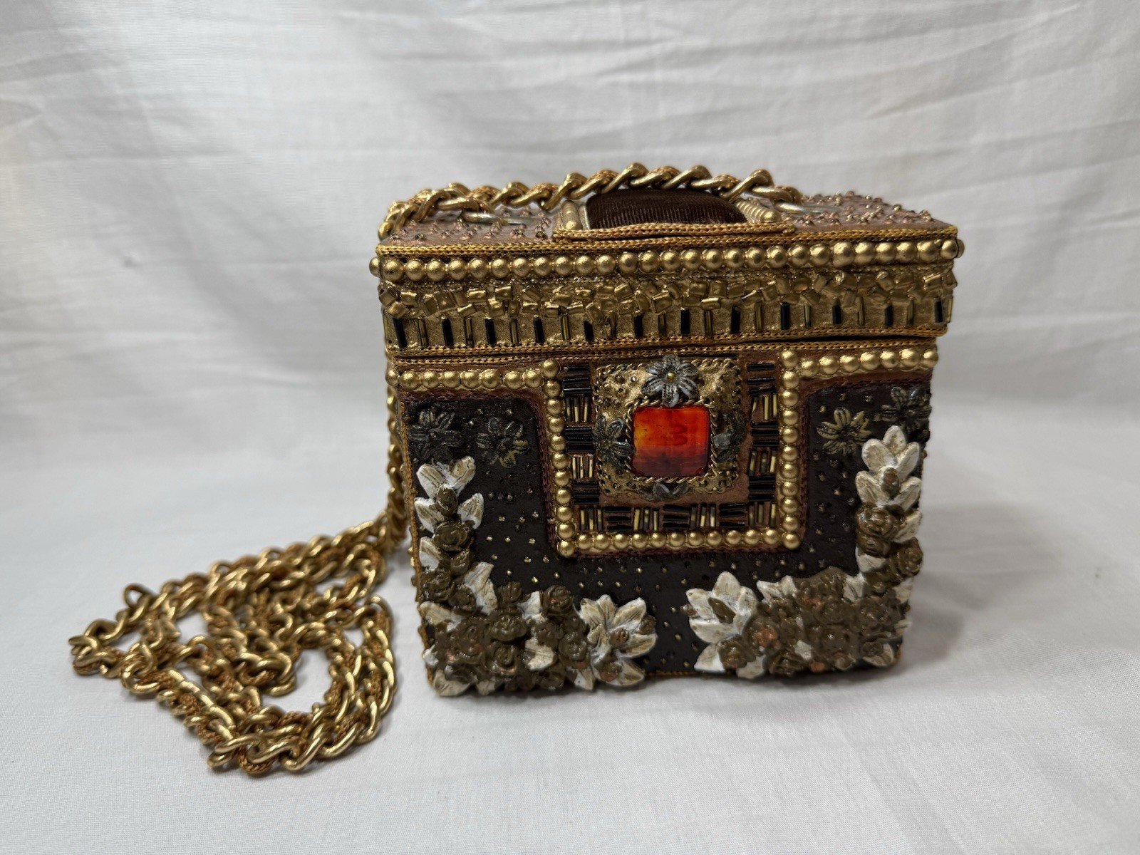 Mary Frances Victorian Style Vintage 1990s Embellished And Beaded Gold Mache Bag