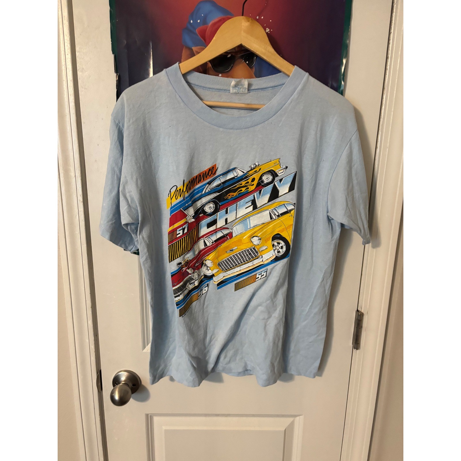Vintage 1987 Cal Cru Chevy Performance T-Shirt 55 56 57 Chevrolet XL Light Blue
