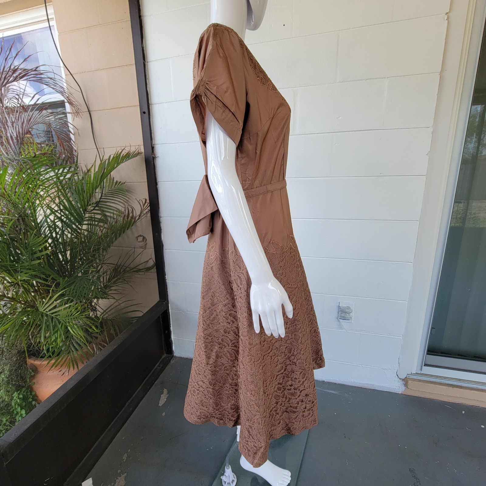 Vtg 50s Styled by Ruxton Brown Satin & Lace Fit Flare Cocktail Dress MCM S1ze 10