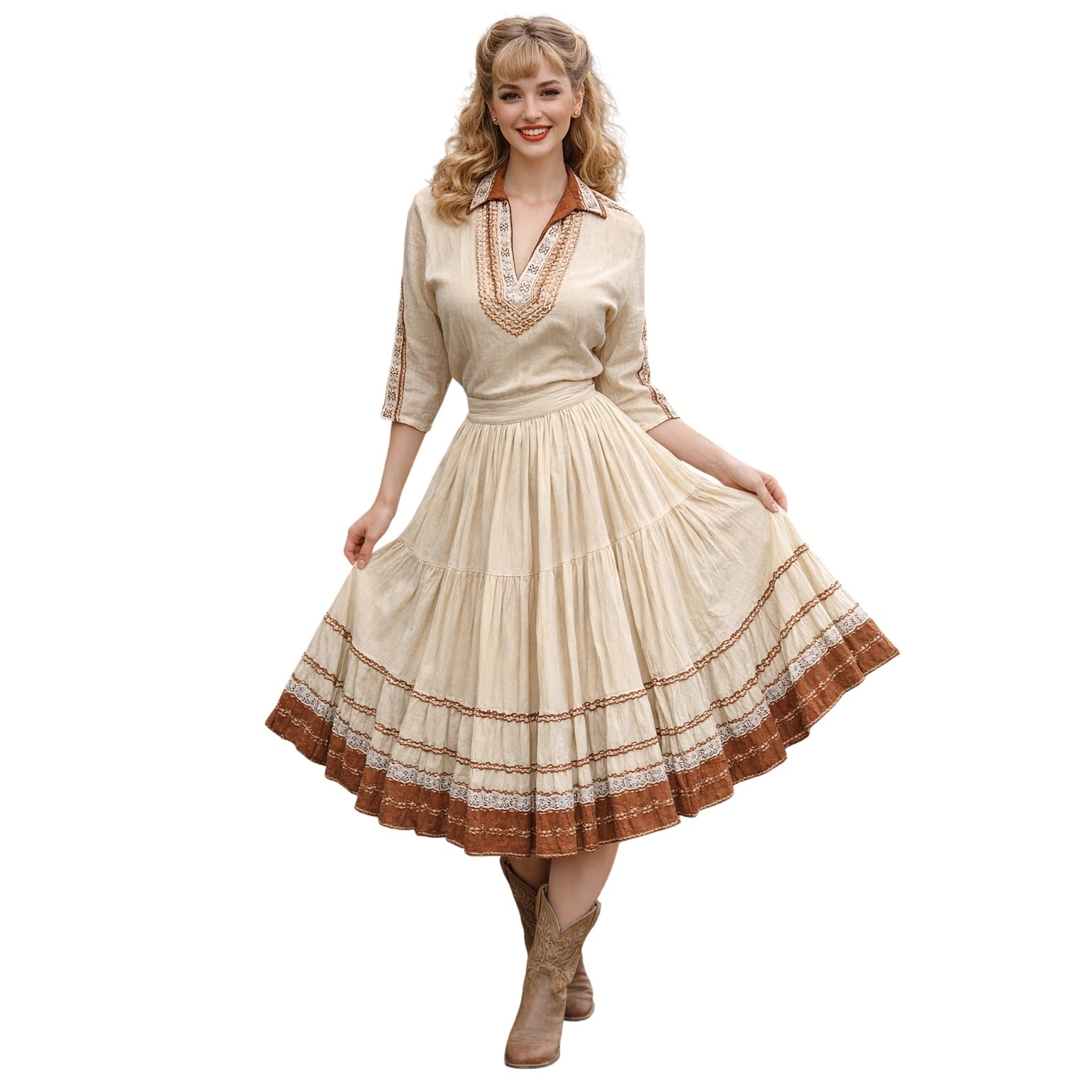 VTG 1950s Patio Dress Set Beige Gauze Copper Rick Rack Rockabilly Western 6/8