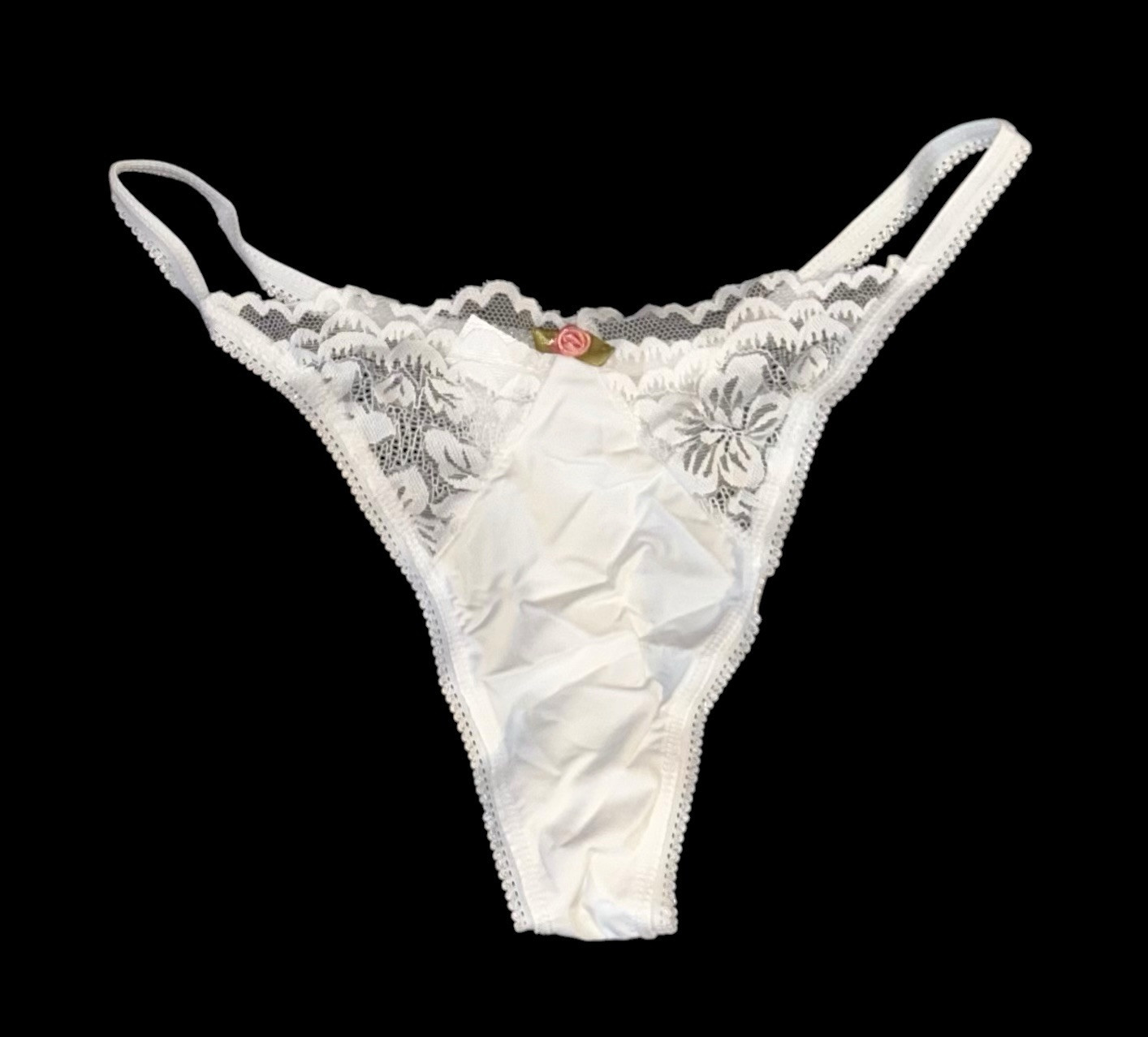 White Shiny Satin Glossy Lace Thong Panties Womens L NWOT