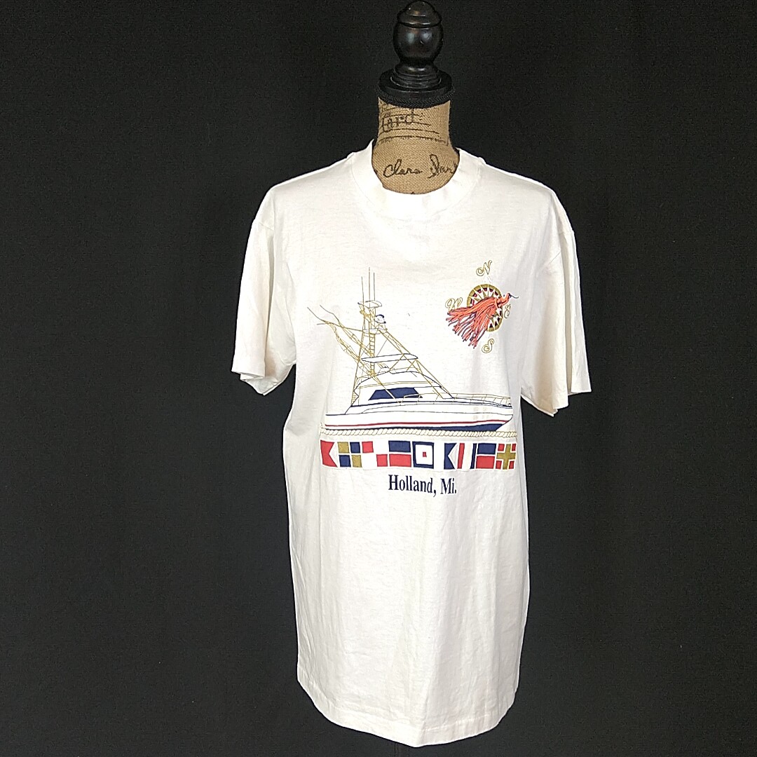 Vtg Islander Shirts sz L T Shirt White Graphic Print Holland MI Single Stitch