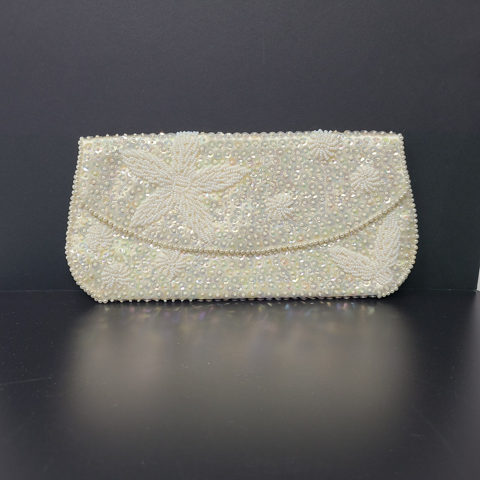 Bag By Debbie John Wind Import Japan White Beaded Sequin Evening Clutch Handbag