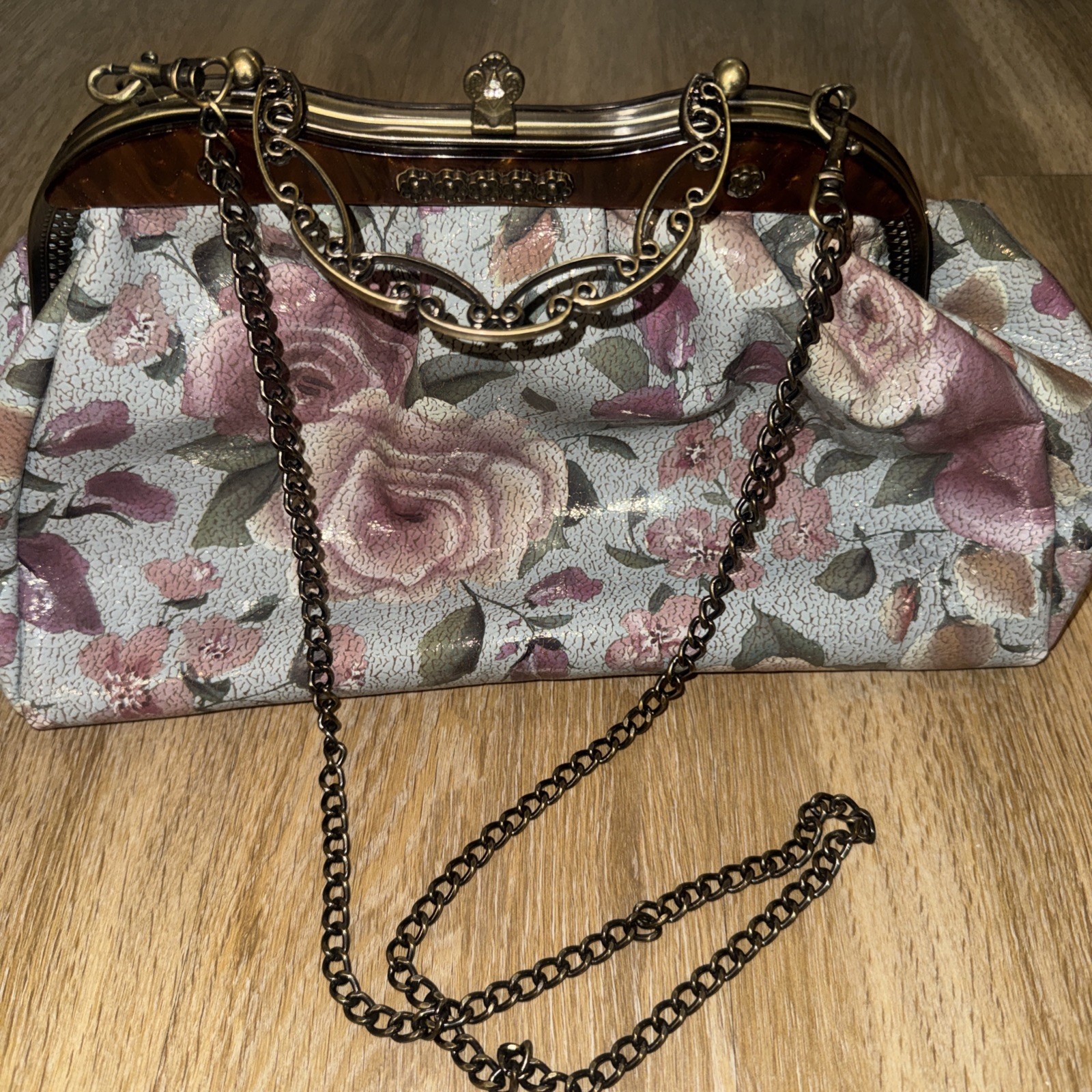 Patricia Nash￼Victorian Floral Hand Beaded Bag W/ Chain. Brass Snap Handle