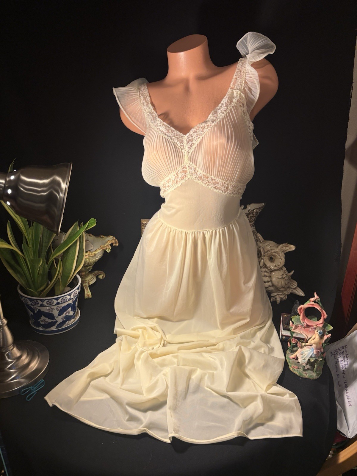 Vtg Silky Sheer Soft Nylon Nightie Yellow Gown w Crystal Pleat Bodice Nightgown