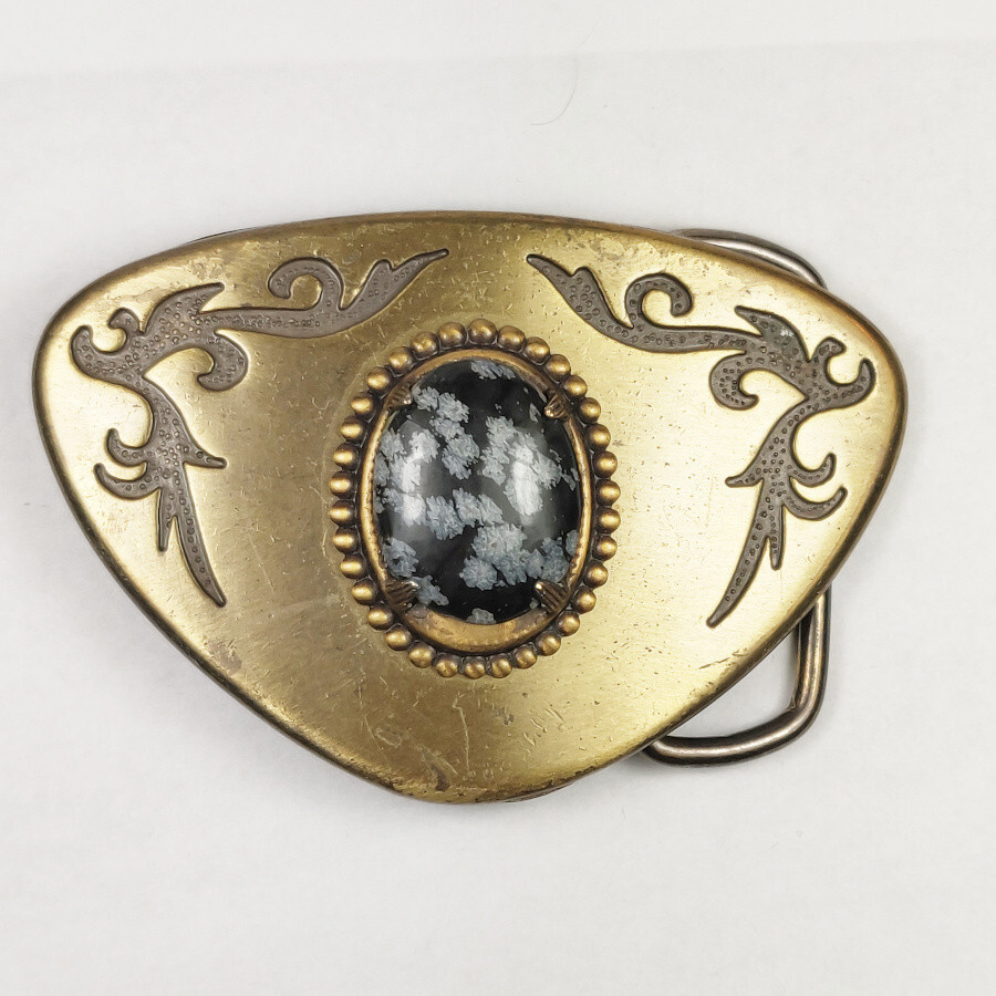 Western Black White Dot Agate Cabochon Stone Cowboy Brass Belt Buckle