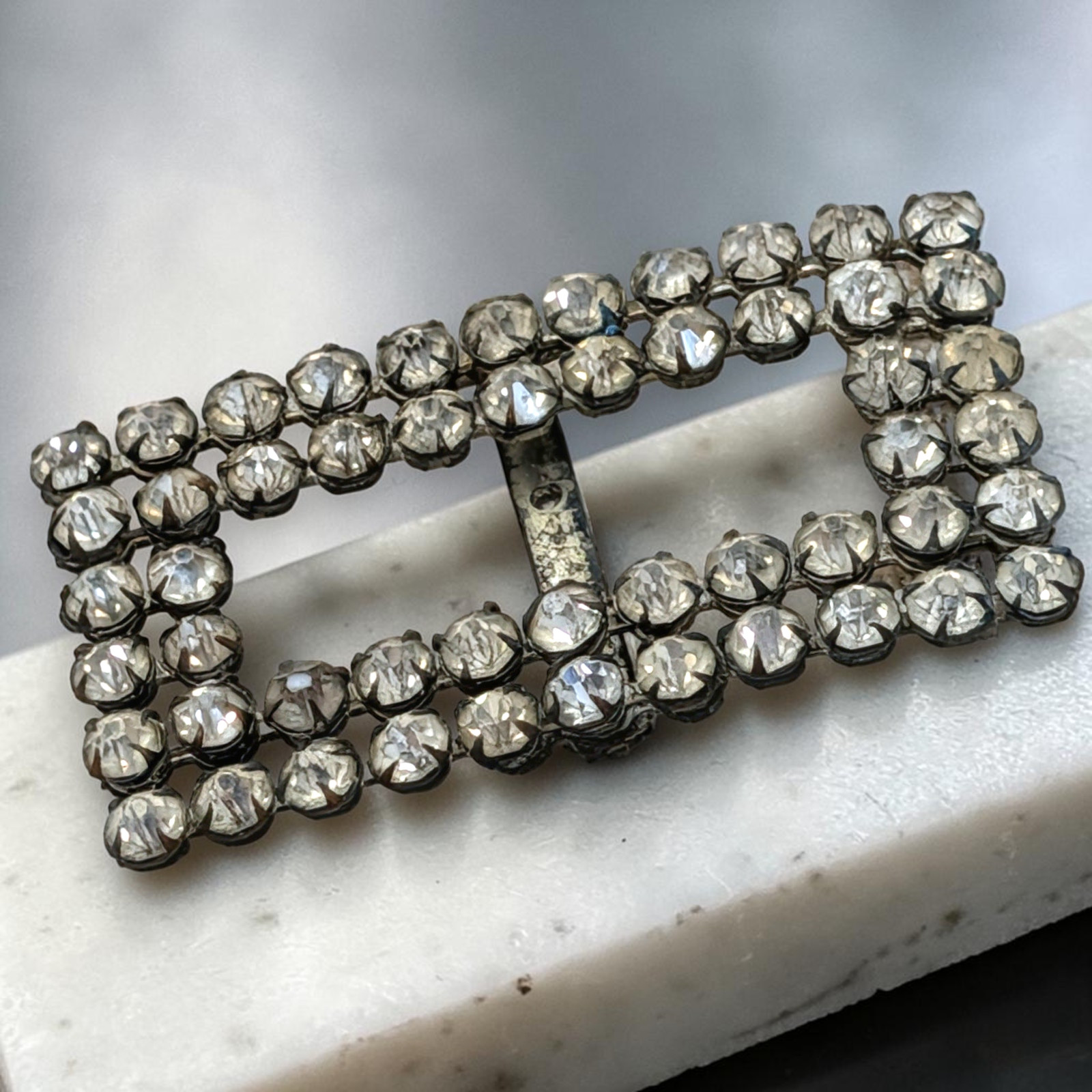 Vintage Art Deco Rhinestone Belt Buckle Pot Metal Clear Glass