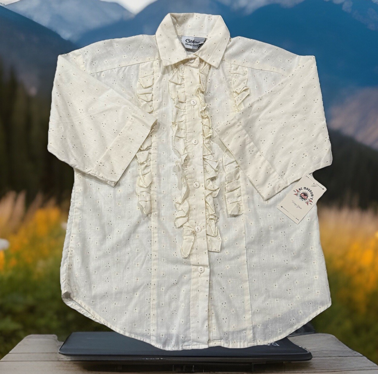 Vintage 1970’s California Connection Ruffle Buttoned Cotton Eyelet Blouse, Cream