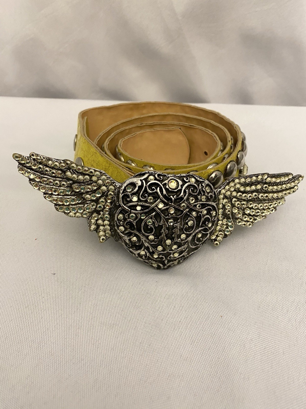 Vintage Leatherock Heart Buckle With Wings Studded Yellow Women’s Leather Belt