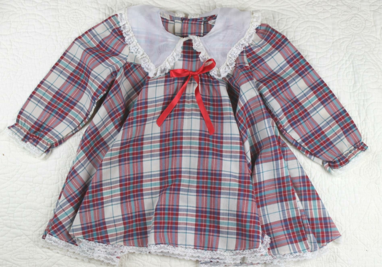Vintage Peaches ‘N Cream Red Plaid Dress Lace Bib Collar 2T Girls c1