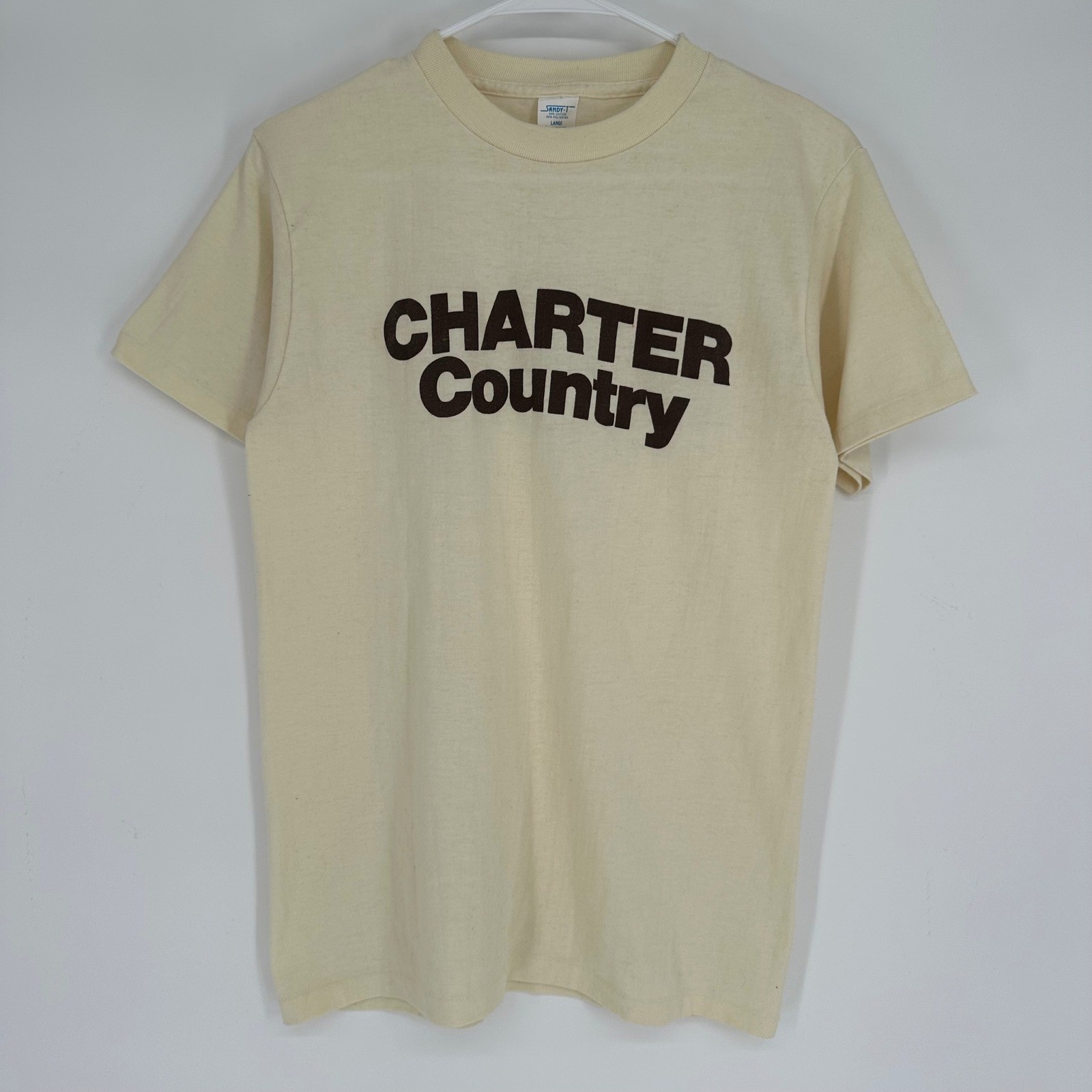Vintage 80s Sandy-T Charter Country Graphic Shirt Cream Single Stitch USA Large