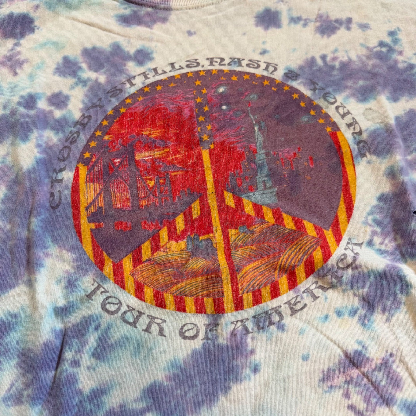 Vintage CSNY Crosby Stills Nash & Young Tour T-Shirt XL Purple Tie Dye 90s Band