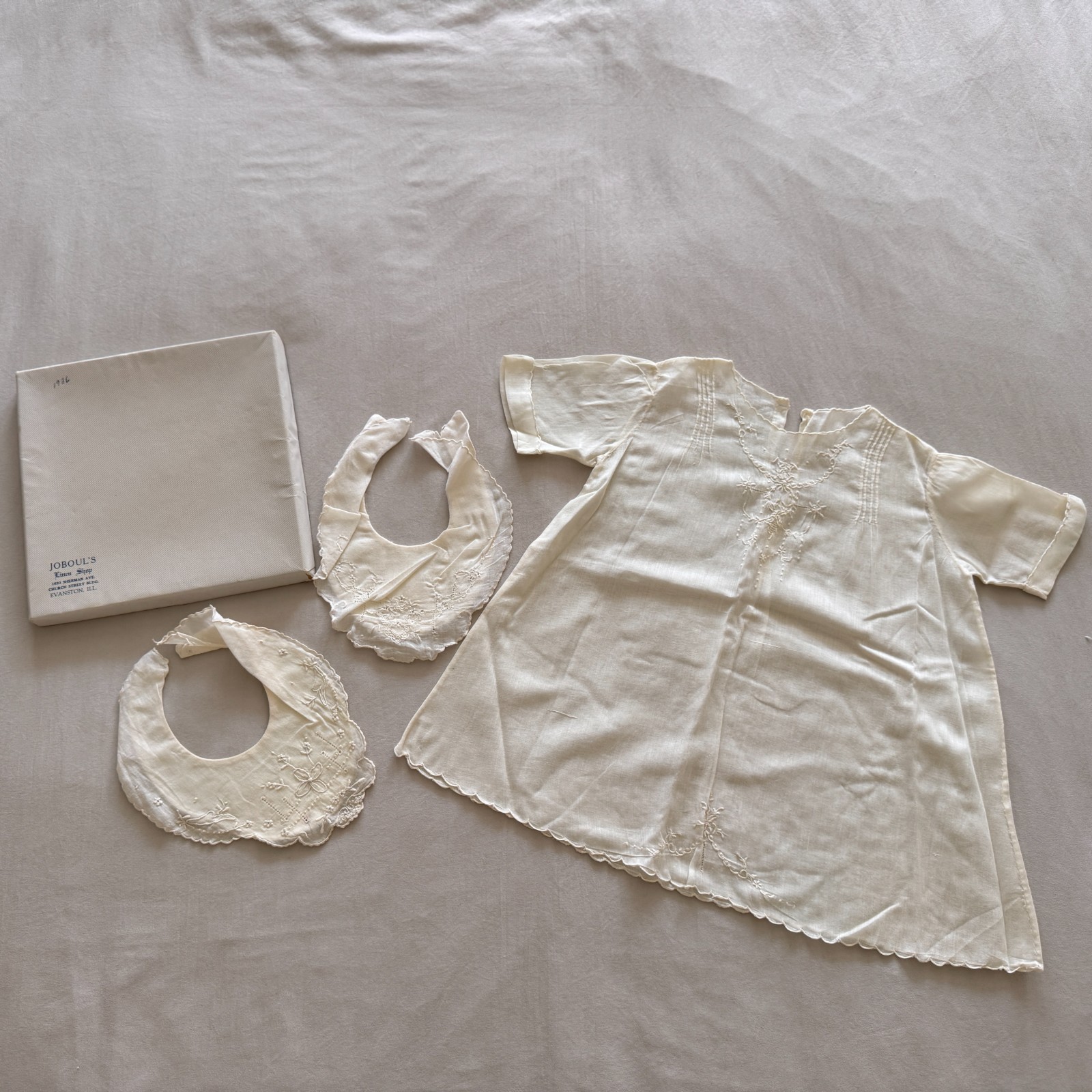 Antique 1936 Baby Dress Bib Set In Original Box Jobouls Linen Shop Embroidered
