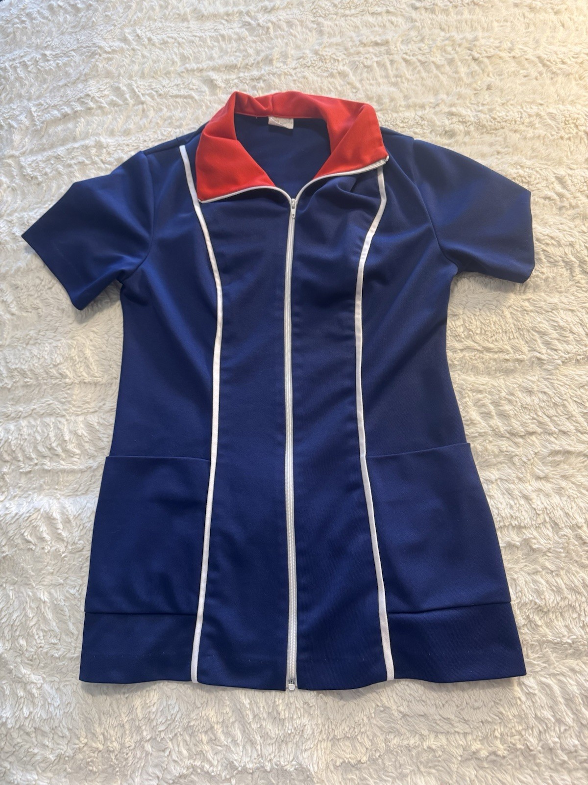 VTG 70s Imperial Zip Front Mini Dress Small Blue Red White Mod Made USA Rare