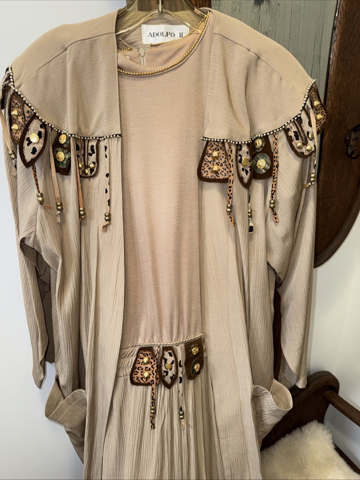 VTG WESTERN Adolfo II Jumpsuit 2 Piece Jacket Southwest Fringe Stud Leopard M