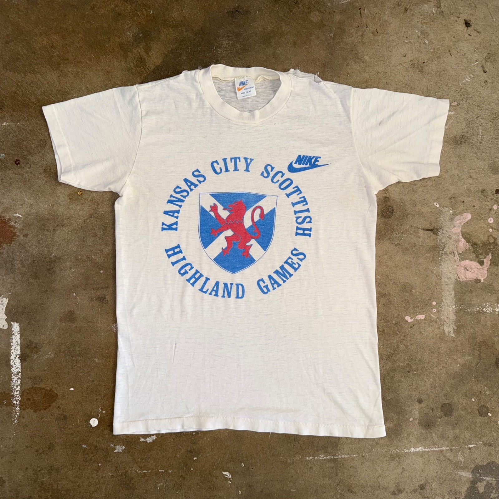 80s VINTAGE NIKE WHITE TAG KANSAS CITY SCOTTISH HIGHLAND GAMES T-SHIRT SZ S 70s