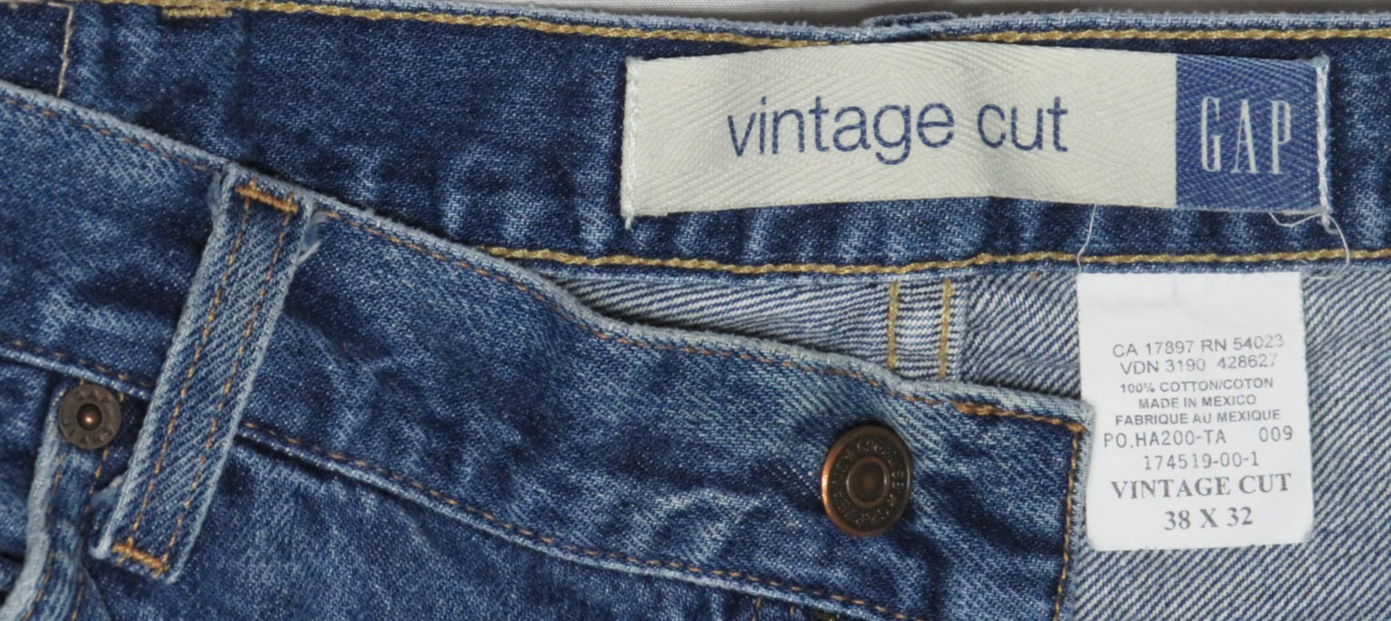 GAP MENS 38X32 BLUE JEANS VINTAGE CUT 100% COTTON DENIM 174519-00-1 MEXICO